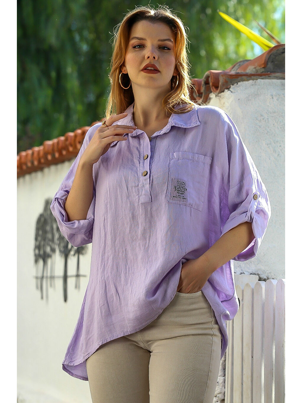 İtalyan Lila Gömlek Yaka Düğmeli Uzun Kollu Cepli Keten Arkası Uzun Oversize Dokuma Bluz 75 70