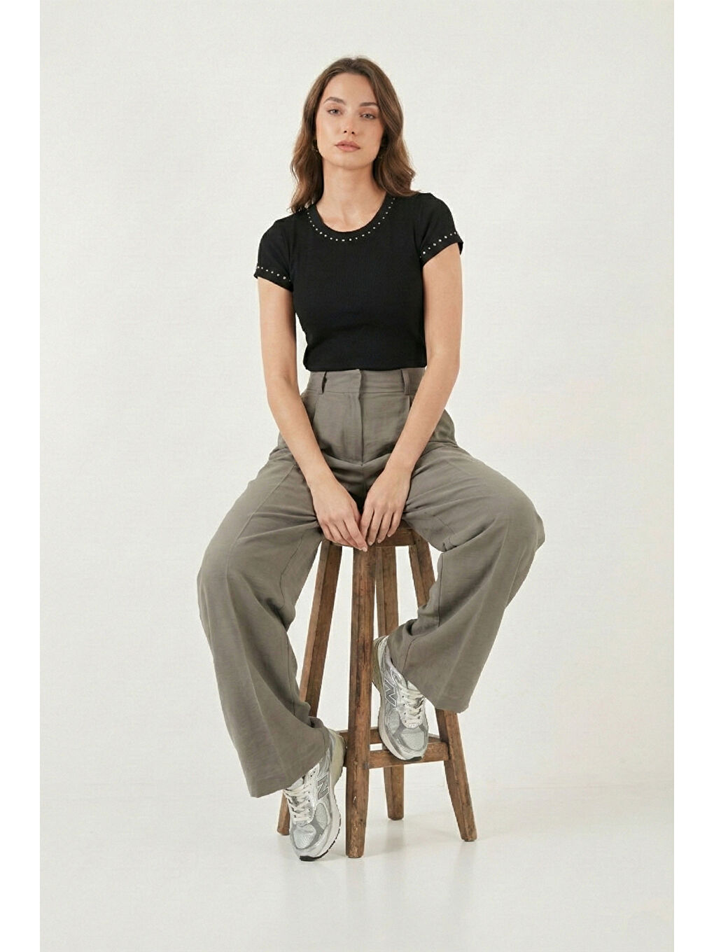 Haki Wide Leg Yüksek Bel Geniş Paça Pileli Kadın Pantolon 6923871-2