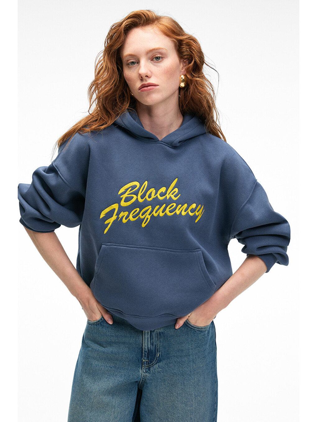 Evantıa Kadın Baskılı Oversize Kapüşonlu Nakış Detaylı Kanguru Cep Lacivert Sweatshirt-3