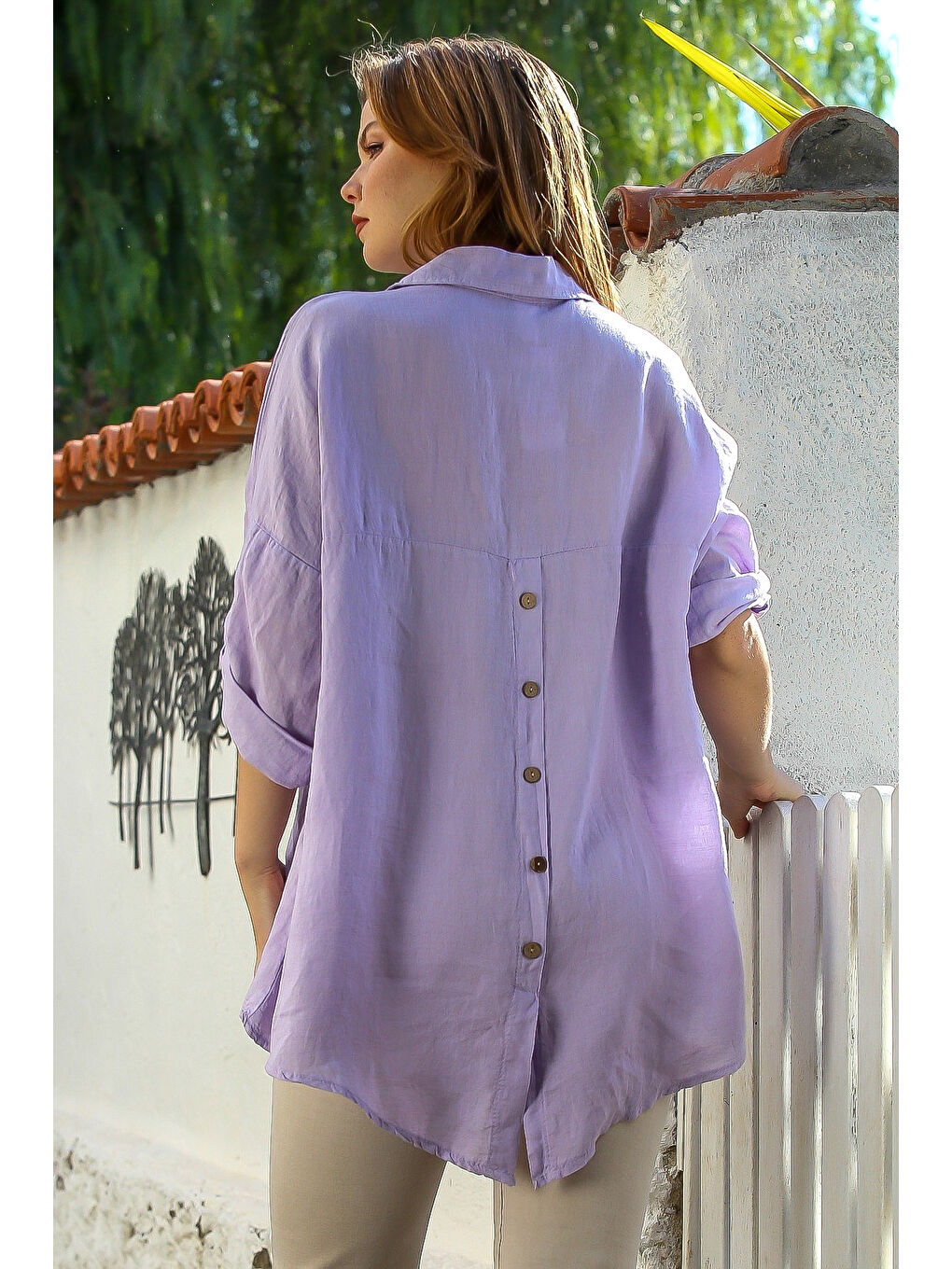 İtalyan Lila Gömlek Yaka Düğmeli Uzun Kollu Cepli Keten Arkası Uzun Oversize Dokuma Bluz 75 70-1