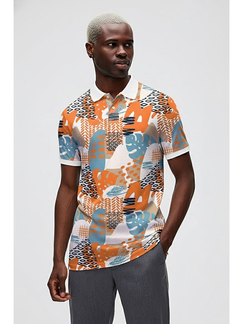 Bota Beyaz Polo Yaka Erkek Baskılı Tişört-1