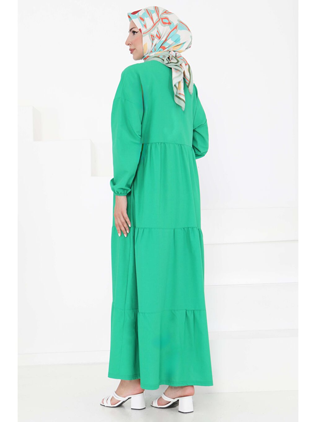 Yeşil Büzgülü Pat Detaylı Elbise Yesil - 27293-5