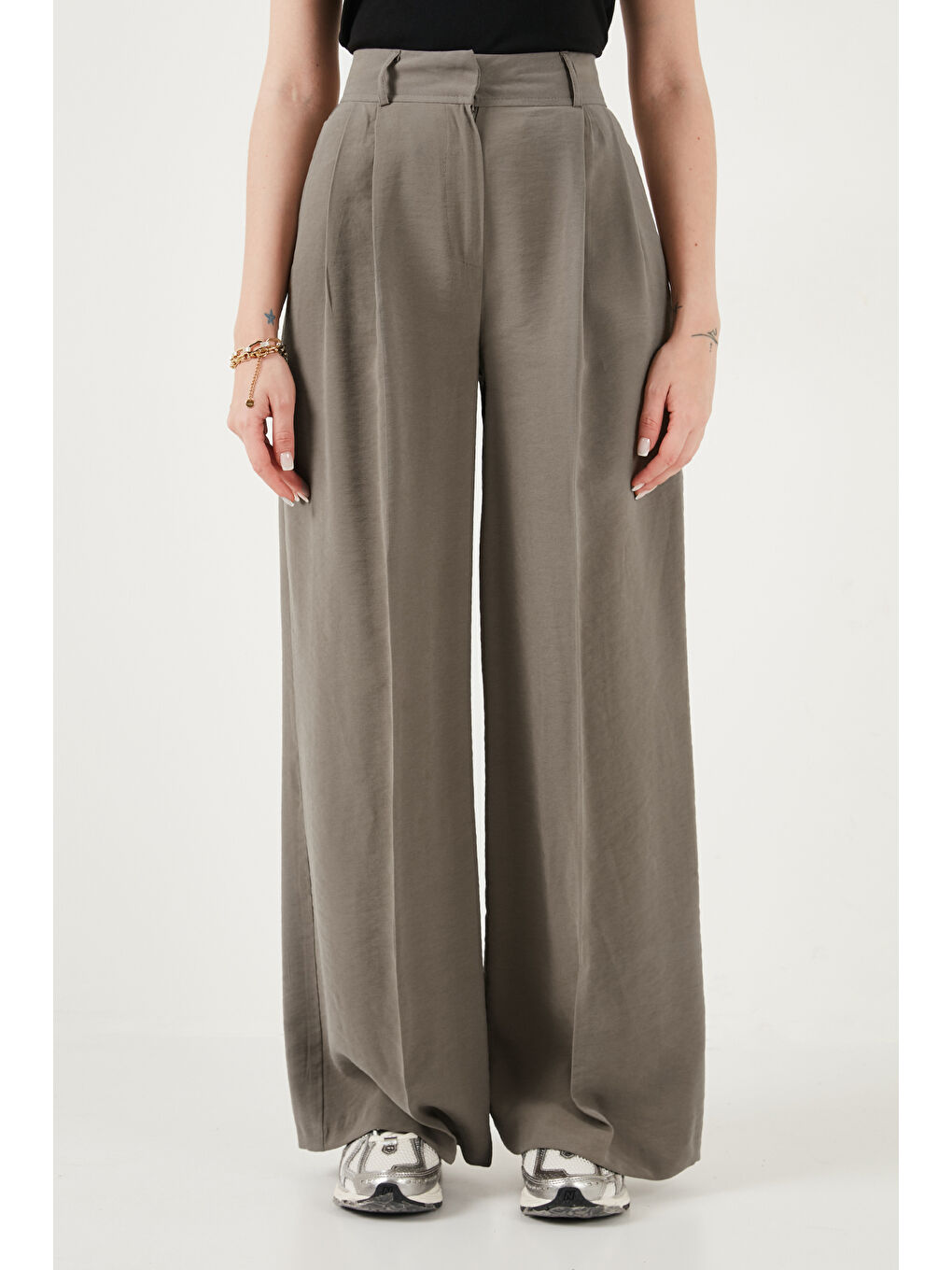 Haki Wide Leg Yüksek Bel Geniş Paça Pileli Kadın Pantolon 6923871-3