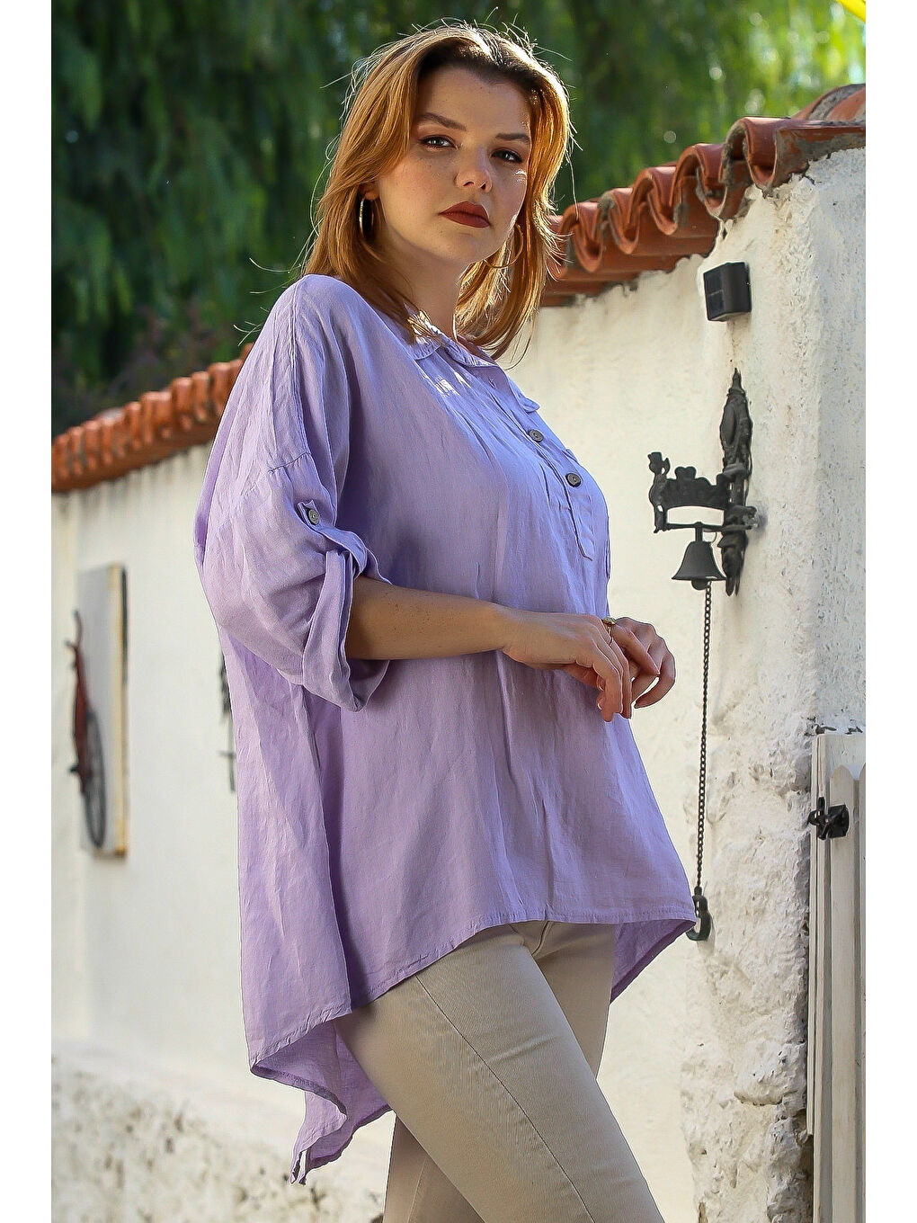 İtalyan Lila Gömlek Yaka Düğmeli Uzun Kollu Cepli Keten Arkası Uzun Oversize Dokuma Bluz 75 70-4