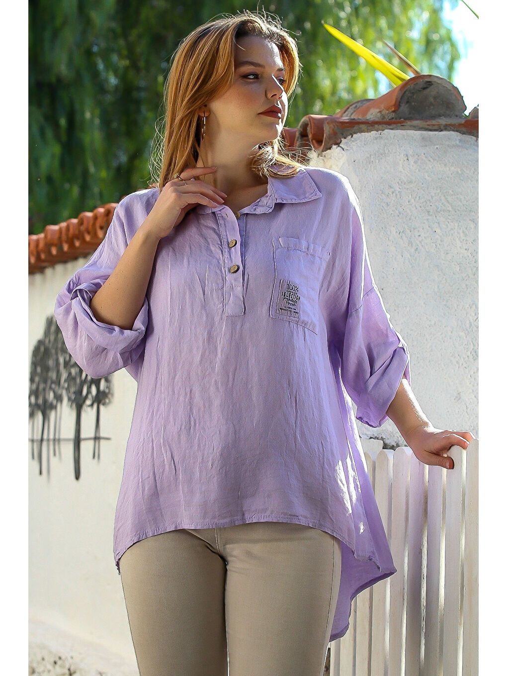 İtalyan Lila Gömlek Yaka Düğmeli Uzun Kollu Cepli Keten Arkası Uzun Oversize Dokuma Bluz 75 70-5