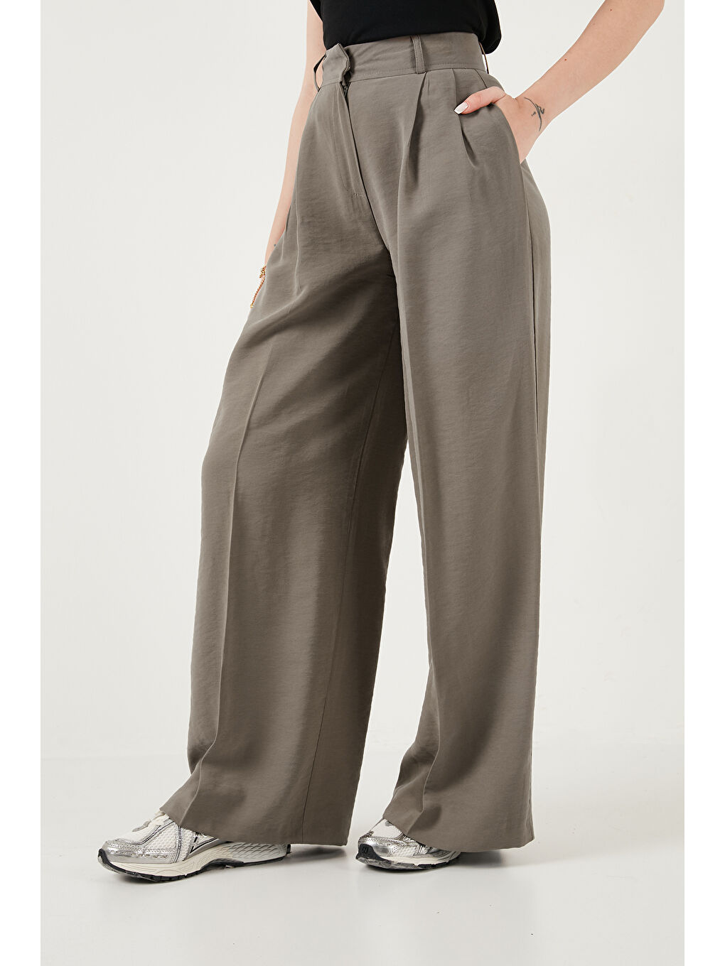 Haki Wide Leg Yüksek Bel Geniş Paça Pileli Kadın Pantolon 6923871-4