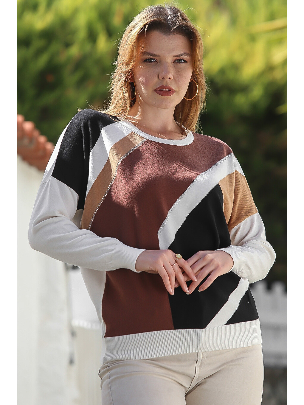 Kahve-bej Havuz Yaka Uzun Kol Bloklu Casual Triko Kazak 65 60