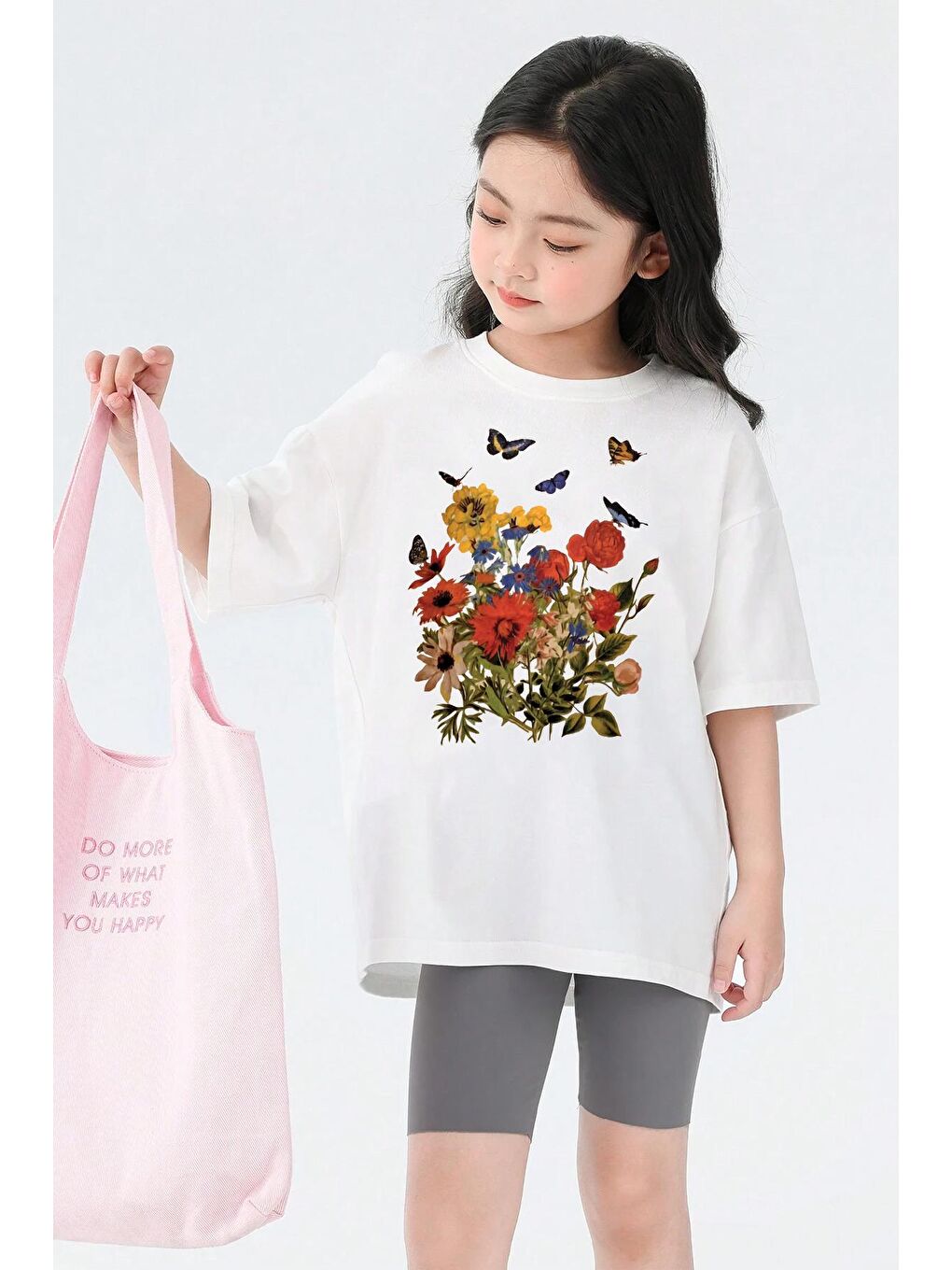 uyguntarz Beyaz Çocuk Flowers Baskılı Pamuklu Tshirt