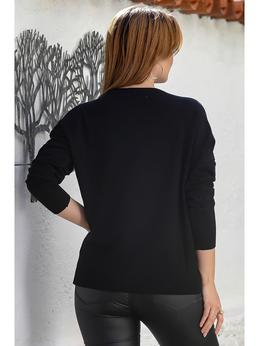 Siyah-Mavi Havuz Yaka Uzun Kol Bloklu Casual Triko Kazak 65 60-5