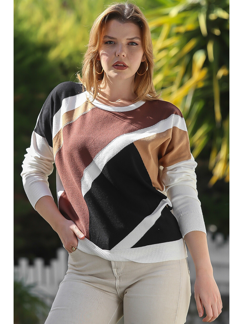 Kahve-bej Havuz Yaka Uzun Kol Bloklu Casual Triko Kazak 65 60-3