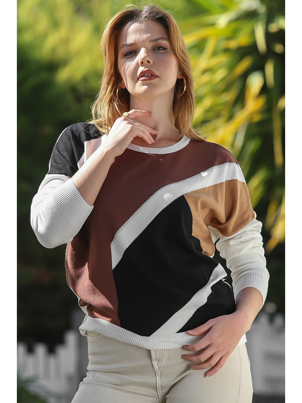 Kahve-bej Havuz Yaka Uzun Kol Bloklu Casual Triko Kazak 65 60-4
