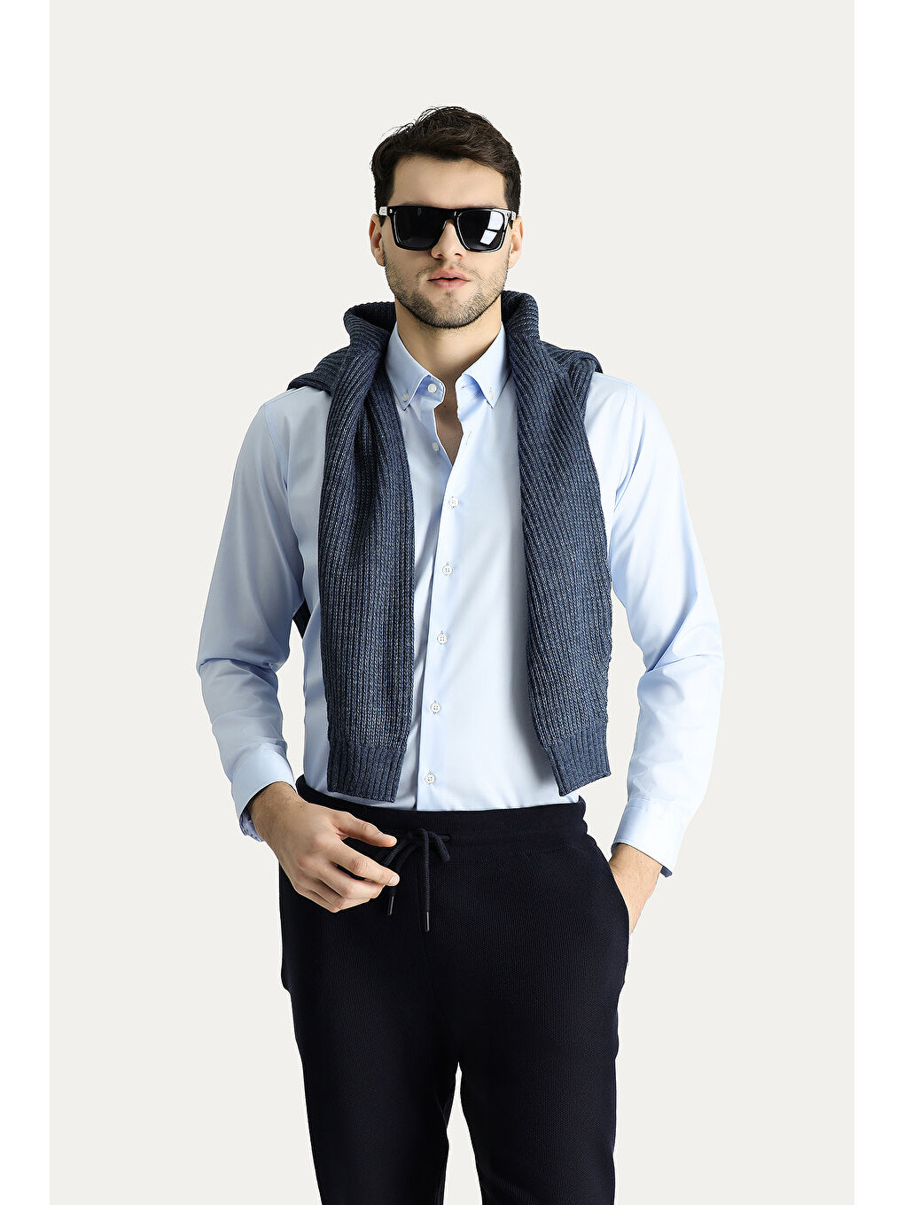 Mavi Uzun Kol Slim Fit Dar Kesim Non Iron Ütü Gerektirmeyen Pamuklu Düğmeli Yaka Büyük Beden Gömlek-1