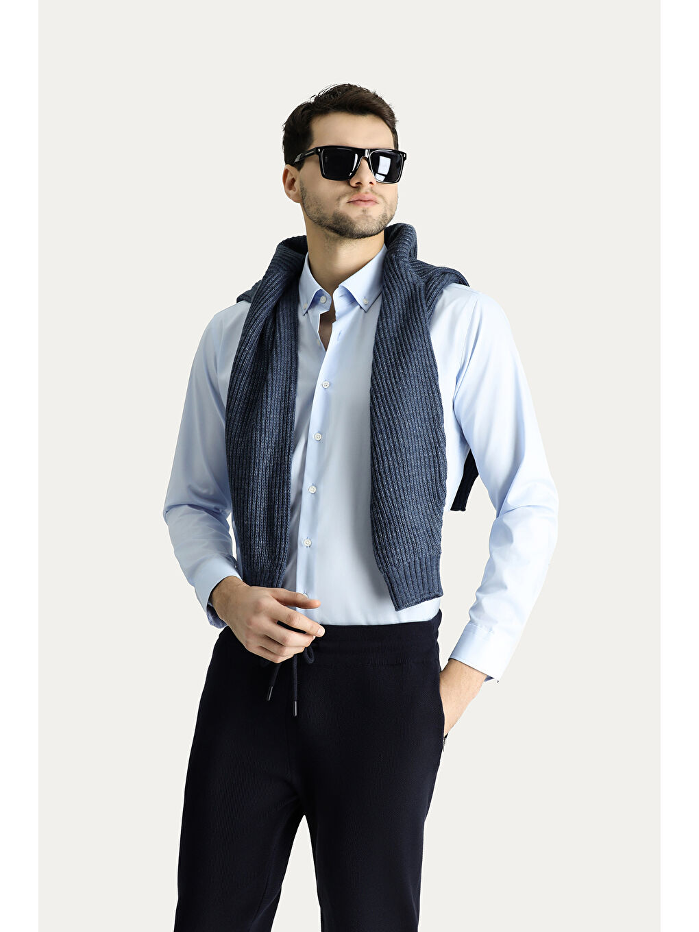 Mavi Uzun Kol Slim Fit Dar Kesim Non Iron Ütü Gerektirmeyen Pamuklu Düğmeli Yaka Büyük Beden Gömlek-2