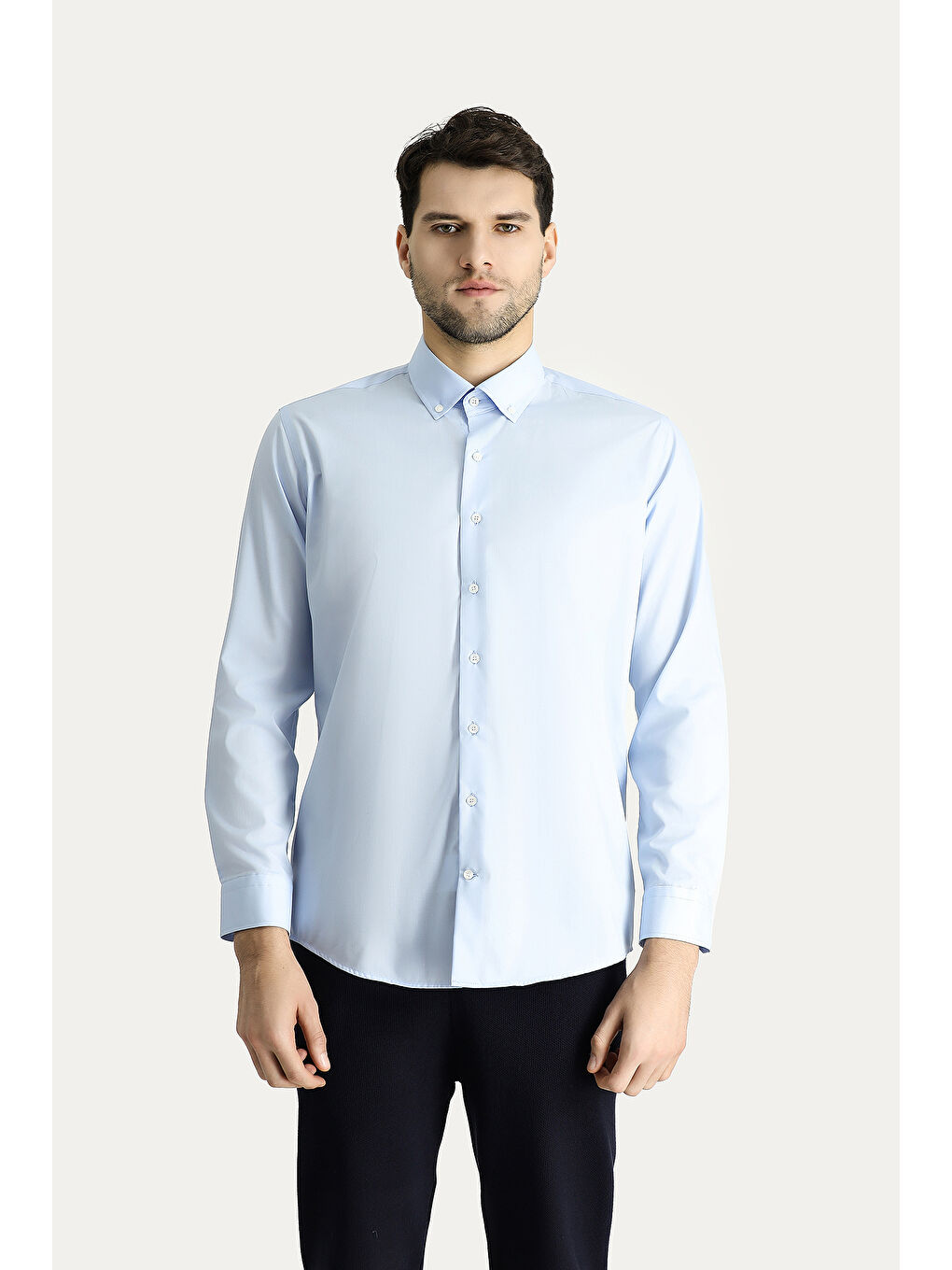 Mavi Uzun Kol Slim Fit Dar Kesim Non Iron Ütü Gerektirmeyen Pamuklu Düğmeli Yaka Büyük Beden Gömlek-3