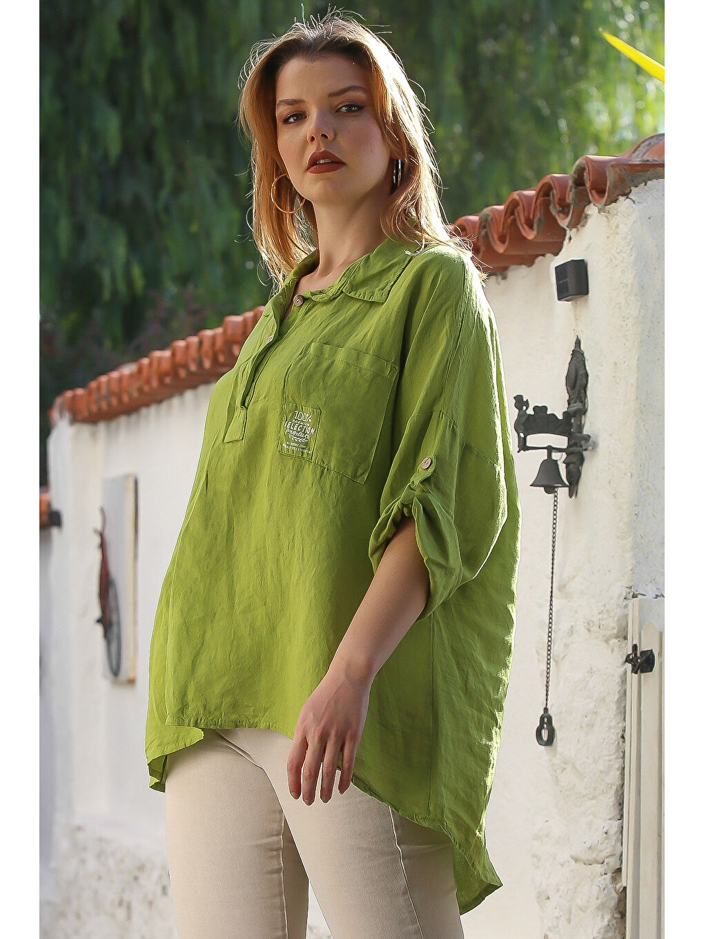 İtalyan Fıstık Yeşili Gömlek Yaka Düğmeli Uzun Kollu Cepli Keten Arkası Uzun Dokuma Bluz 75 70-2