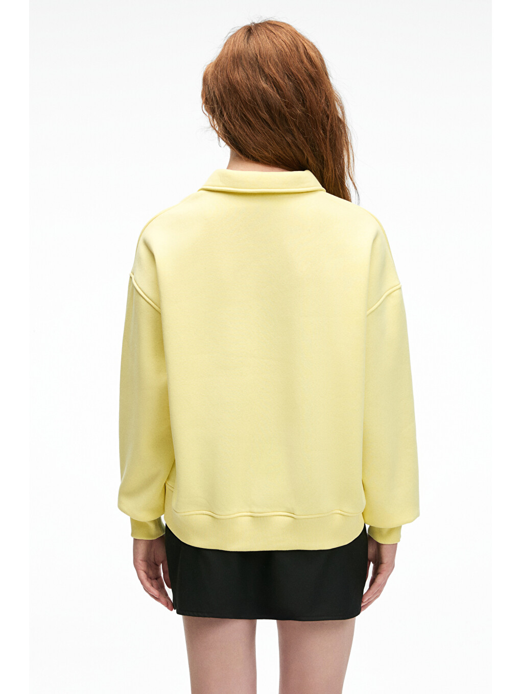 Odessa Kadın Polo Yaka Oversize Göğüs Nakış Detaylı Patlı Sarı Sweatshirt-5