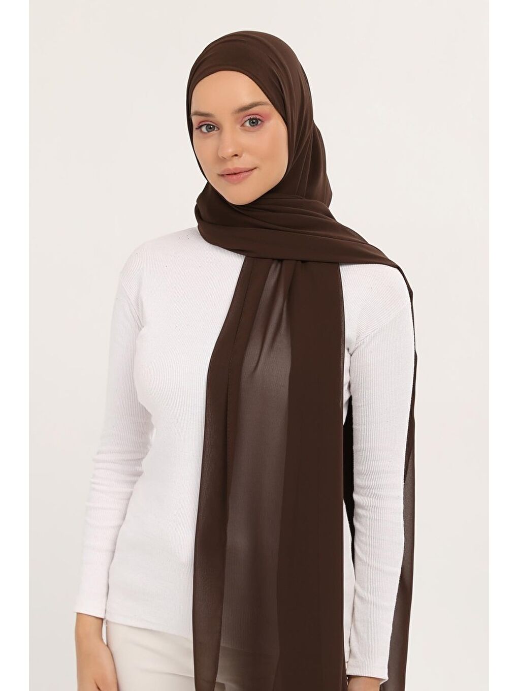 Kahverengi Hazır Lüks Pratik Hijablı Şifon Şal-2