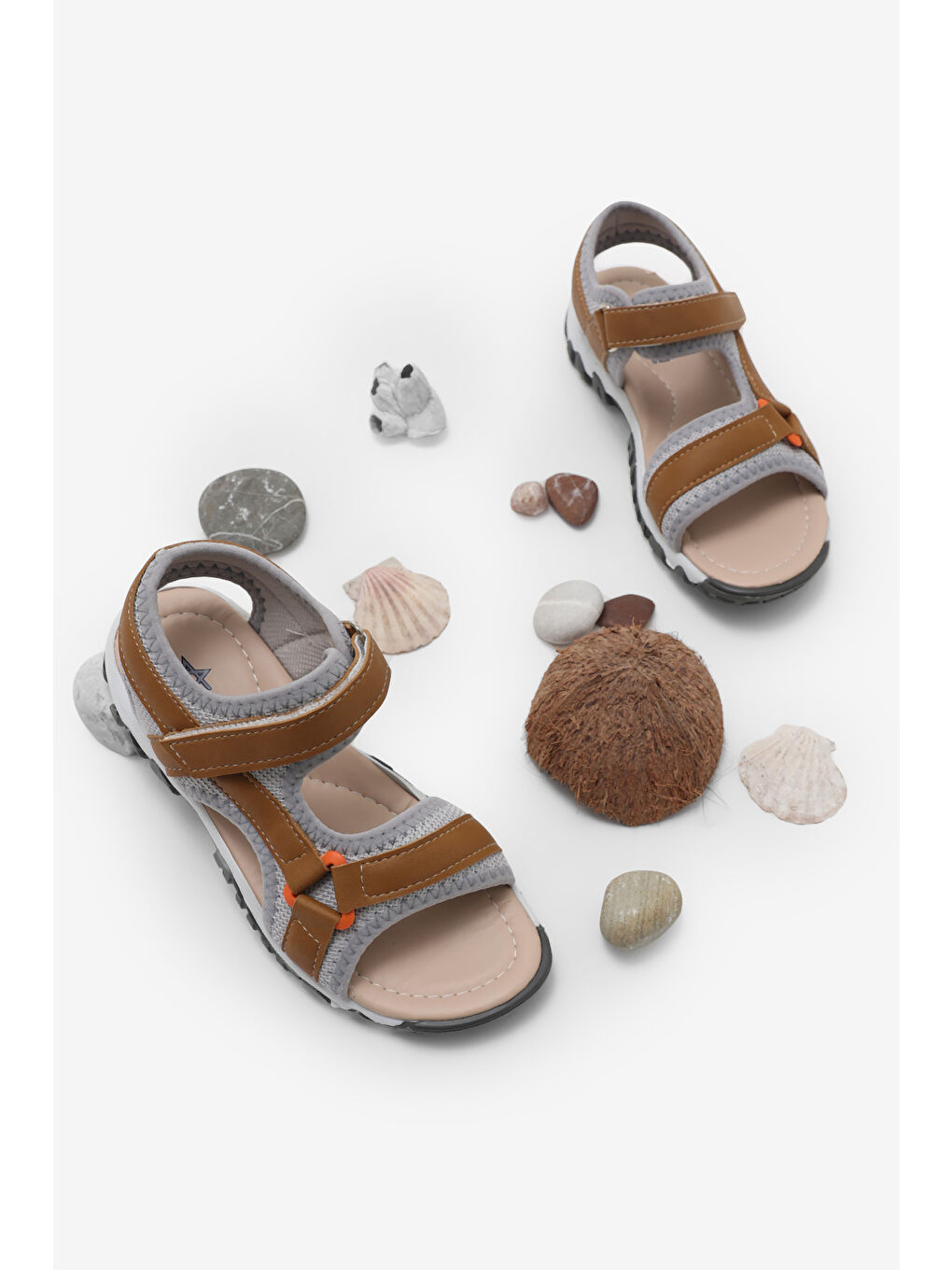 Kahverengi Çocuk Unisex Camel Çoçuk Cırtlı Sandalet-2