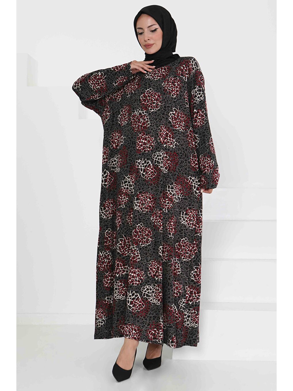 Desenli Elbise Bordo - 27368