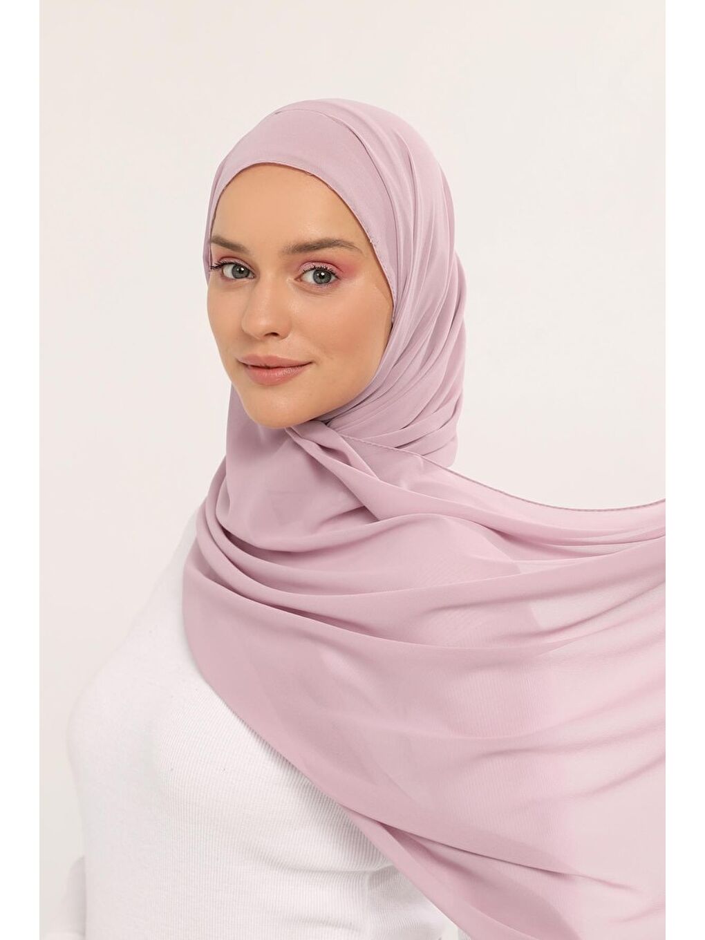 Pembe Hazır Lüks Pratik Hijablı Şifon Şal-1