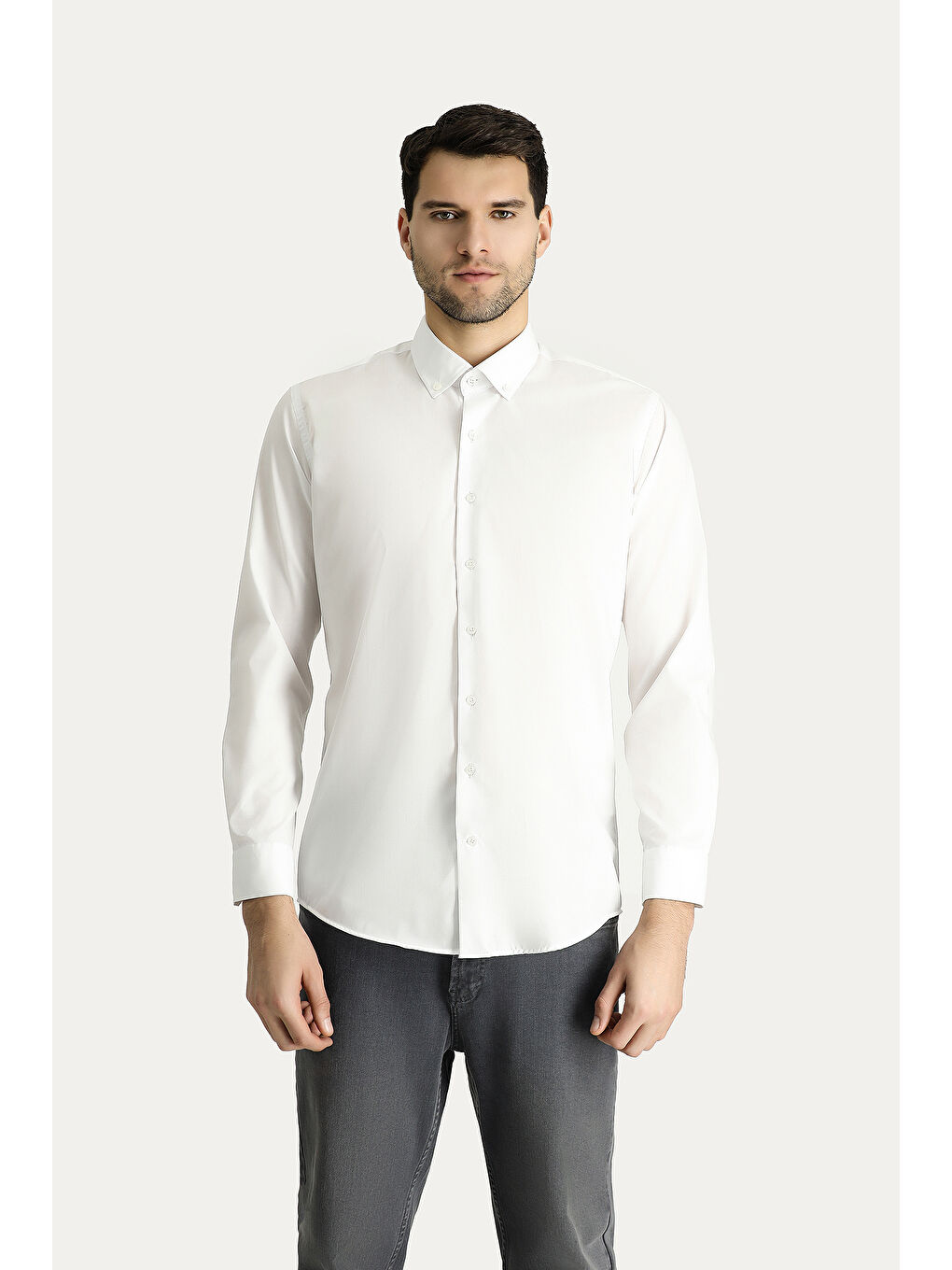 Beyaz Uzun Kol Slim Fit Dar Kesim Non Iron Ütü Gerektirmeyen Pamuklu Düğmeli Yaka Büyük Beden Gömlek-4