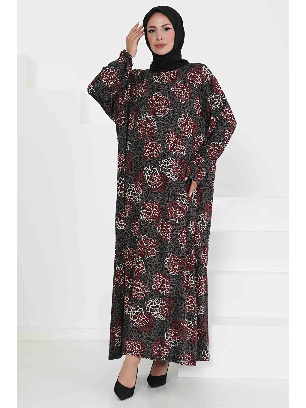 Desenli Elbise Bordo - 27368-1