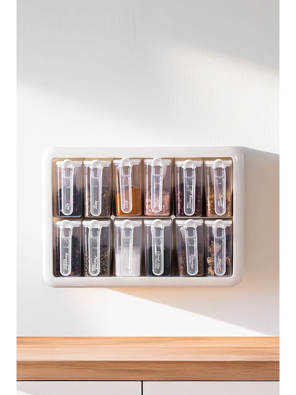 Simple 1168 Random 12'li Standlı Kendinden Yapışkanlı Kaşıklı Baharatlık Saklama Kabı Seti - Beyaz-1