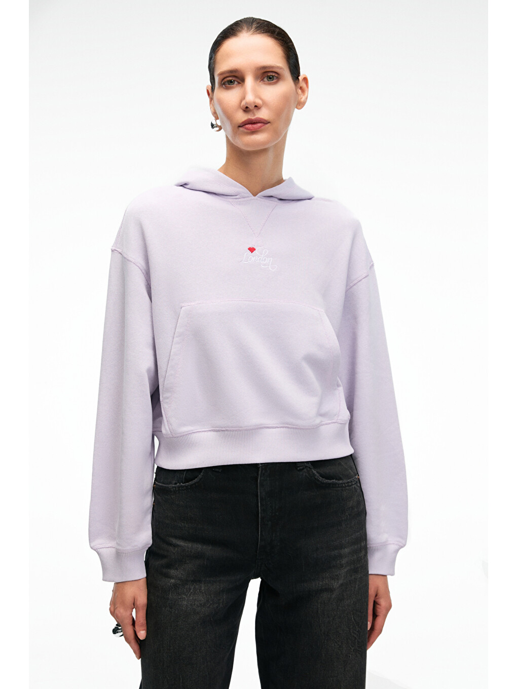 Isadora Kadın Kapüşonlu Nakış Detaylı Regular Fit Crop Lila Sweatshirt-1