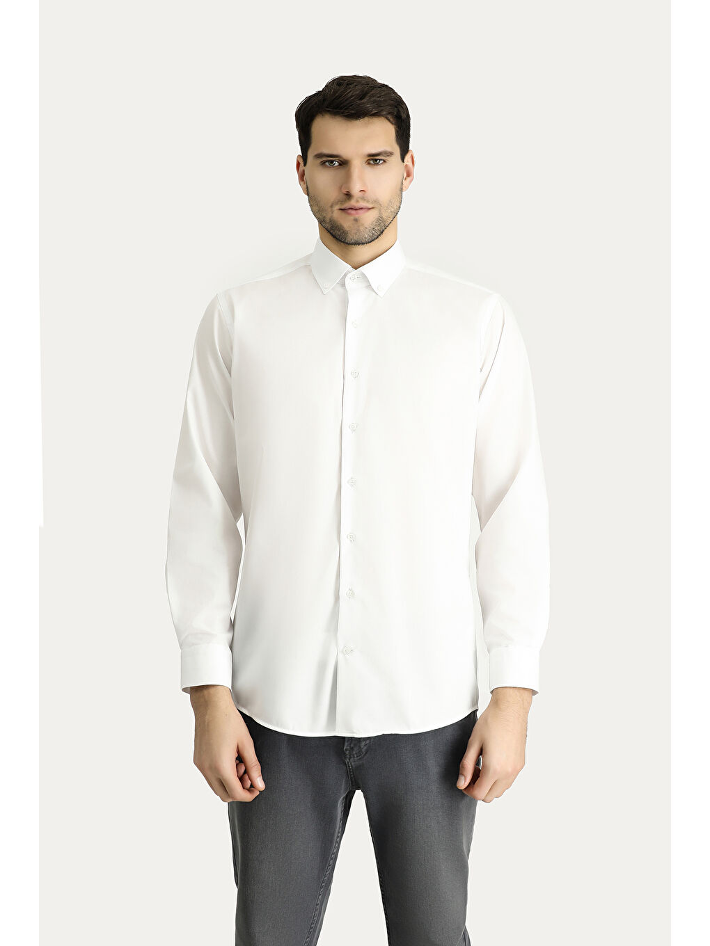 Beyaz Uzun Kol Regular Fit Non Iron Ütü Gerektirmeyen Pamuklu Düğmeli Yaka Büyük Beden Gömlek-2