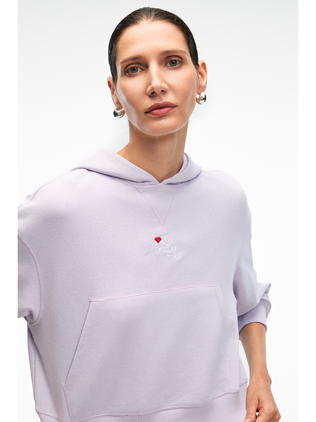 Isadora Kadın Kapüşonlu Nakış Detaylı Regular Fit Crop Lila Sweatshirt-2