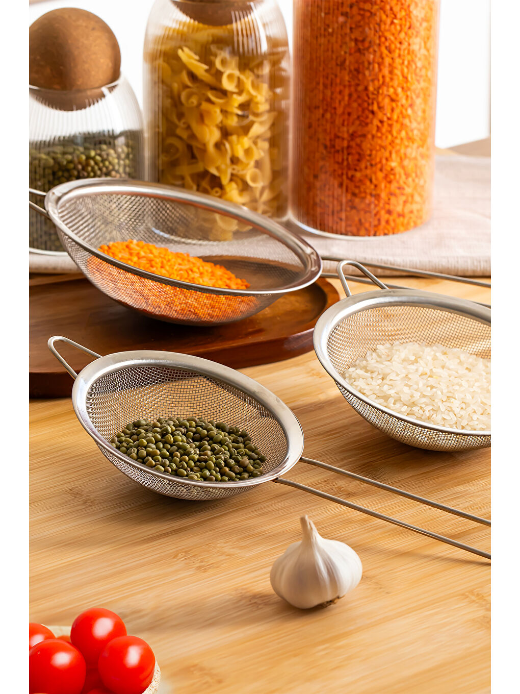 Gri 15858 Liam  3'Lü Süzgeç Seti Paslanmaz Tel Süzgeç Çelik Kevgir 12-14-16 Cm-1