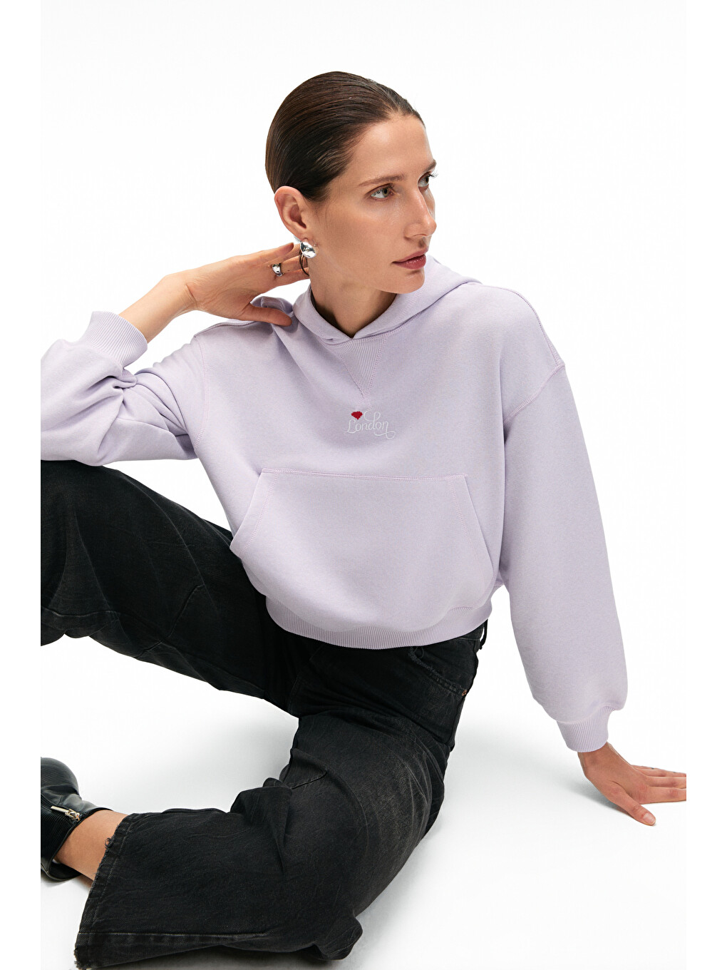 Isadora Kadın Kapüşonlu Nakış Detaylı Regular Fit Crop Lila Sweatshirt-3