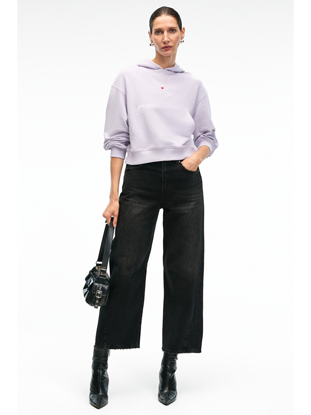 Isadora Kadın Kapüşonlu Nakış Detaylı Regular Fit Crop Lila Sweatshirt-4