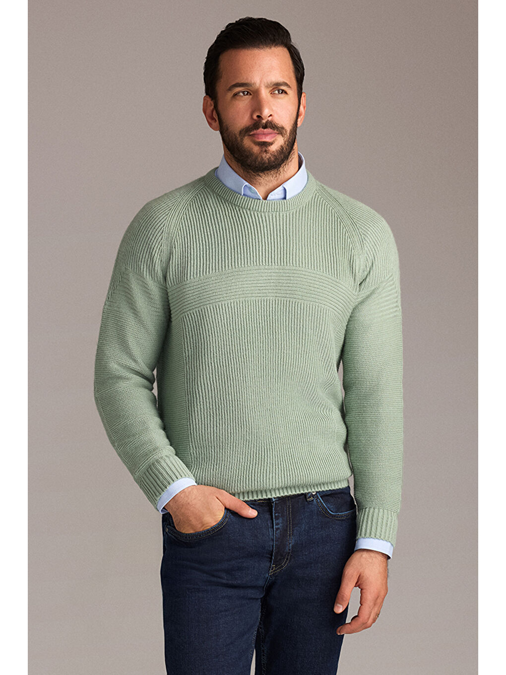 Yeşil Bisiklet Yaka Regular Fit Dikişsiz Desenli Triko Kazak