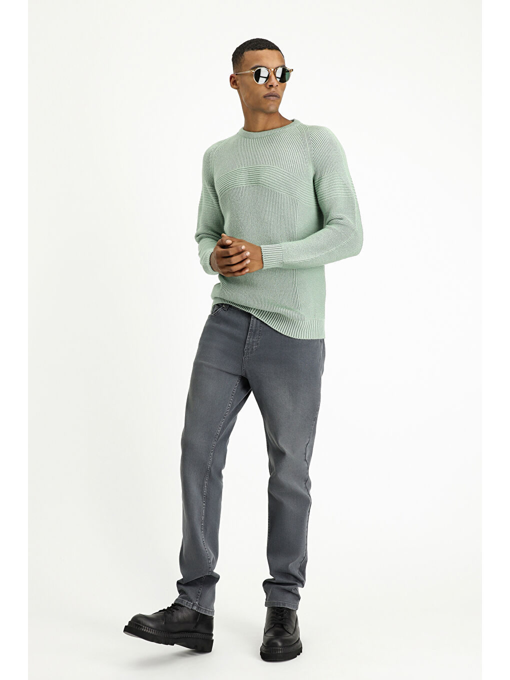 Yeşil Bisiklet Yaka Regular Fit Dikişsiz Desenli Triko Kazak-1