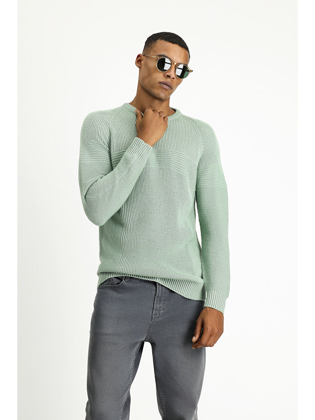 Yeşil Bisiklet Yaka Regular Fit Dikişsiz Desenli Triko Kazak-2