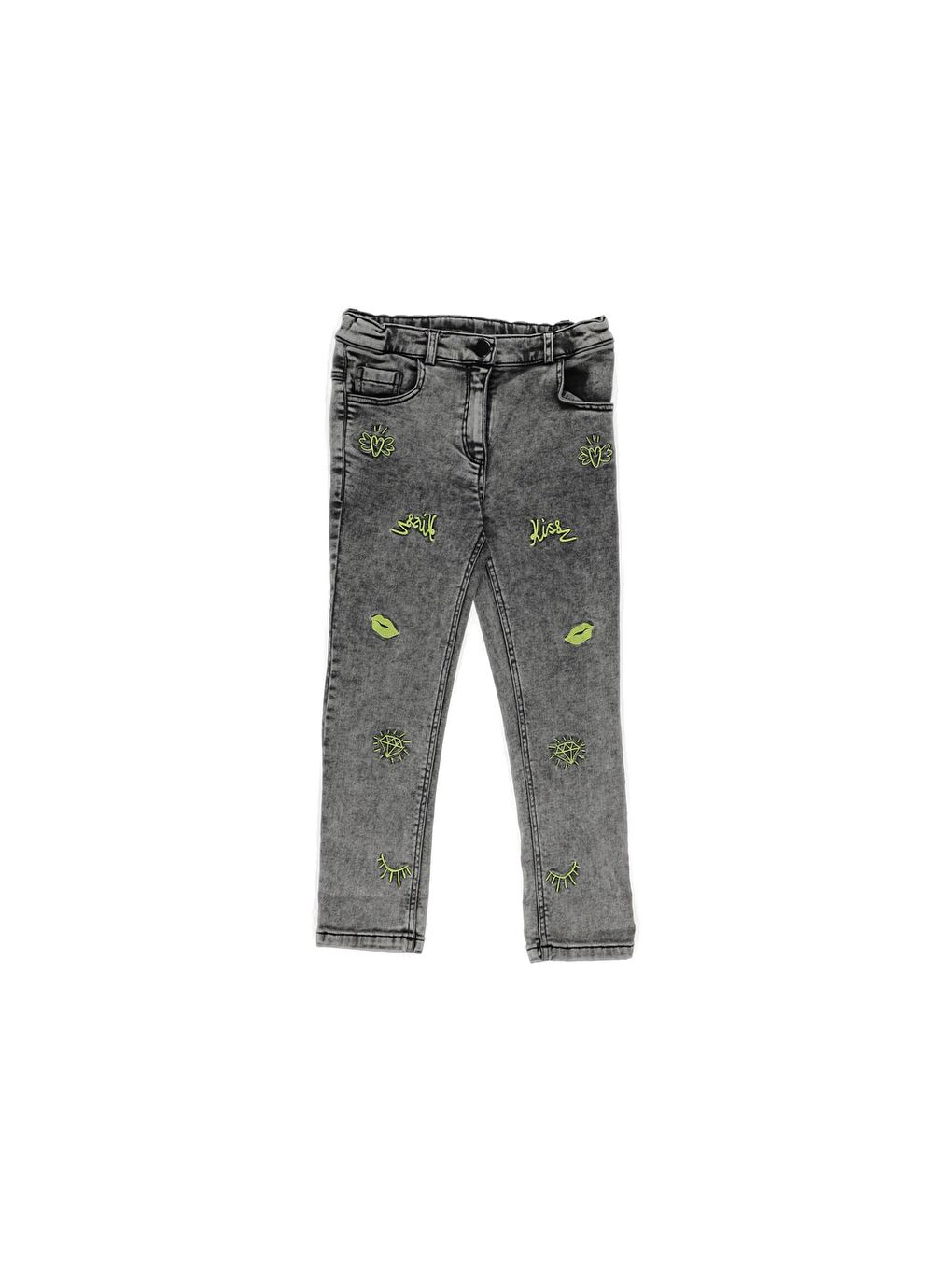 Panço Siyah Kız Çocuk  Neon Nakış Detaylı Denim Pantolon - 1