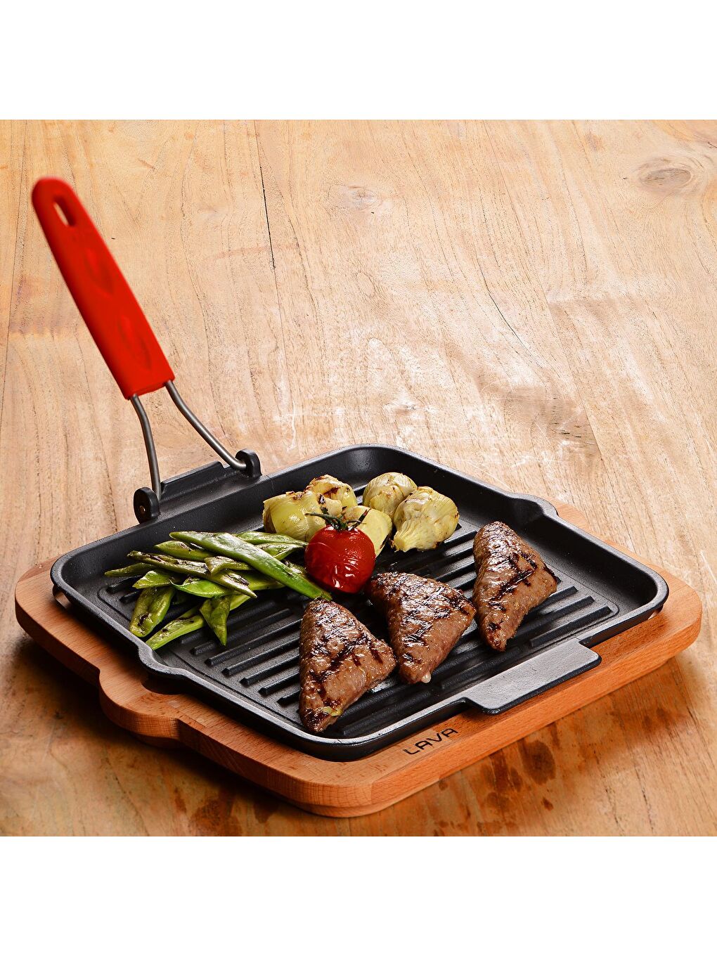 Kırmızı Kare Sığ Izgara Tavası Silikon Tel Saplı Ölçü 24x24cm.-5