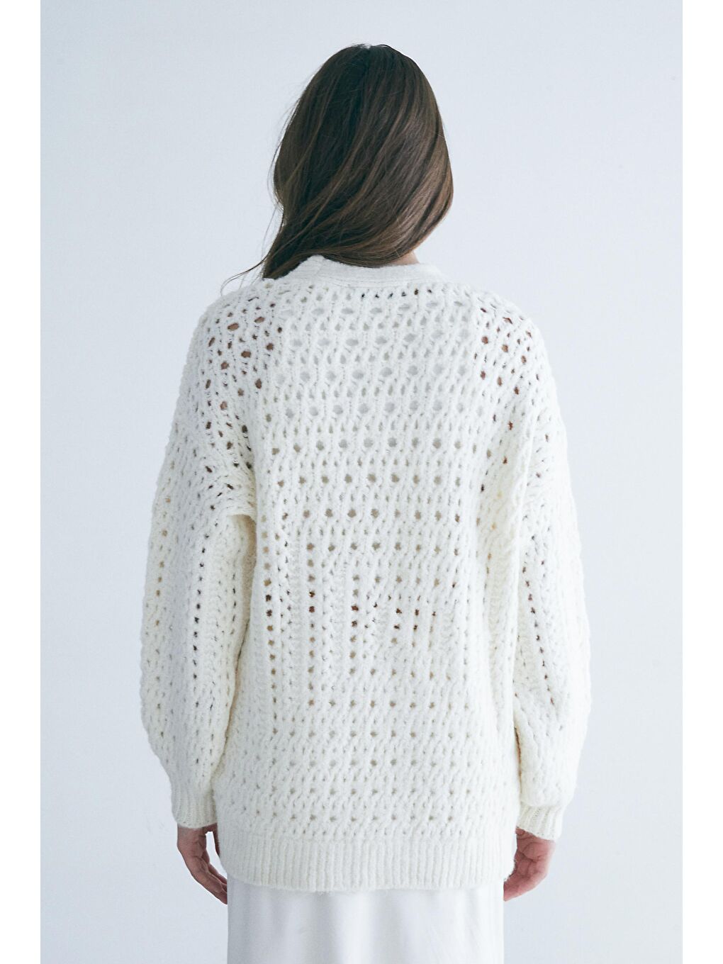 Ekru File Delik Örgülü V Yaka Hırka-5