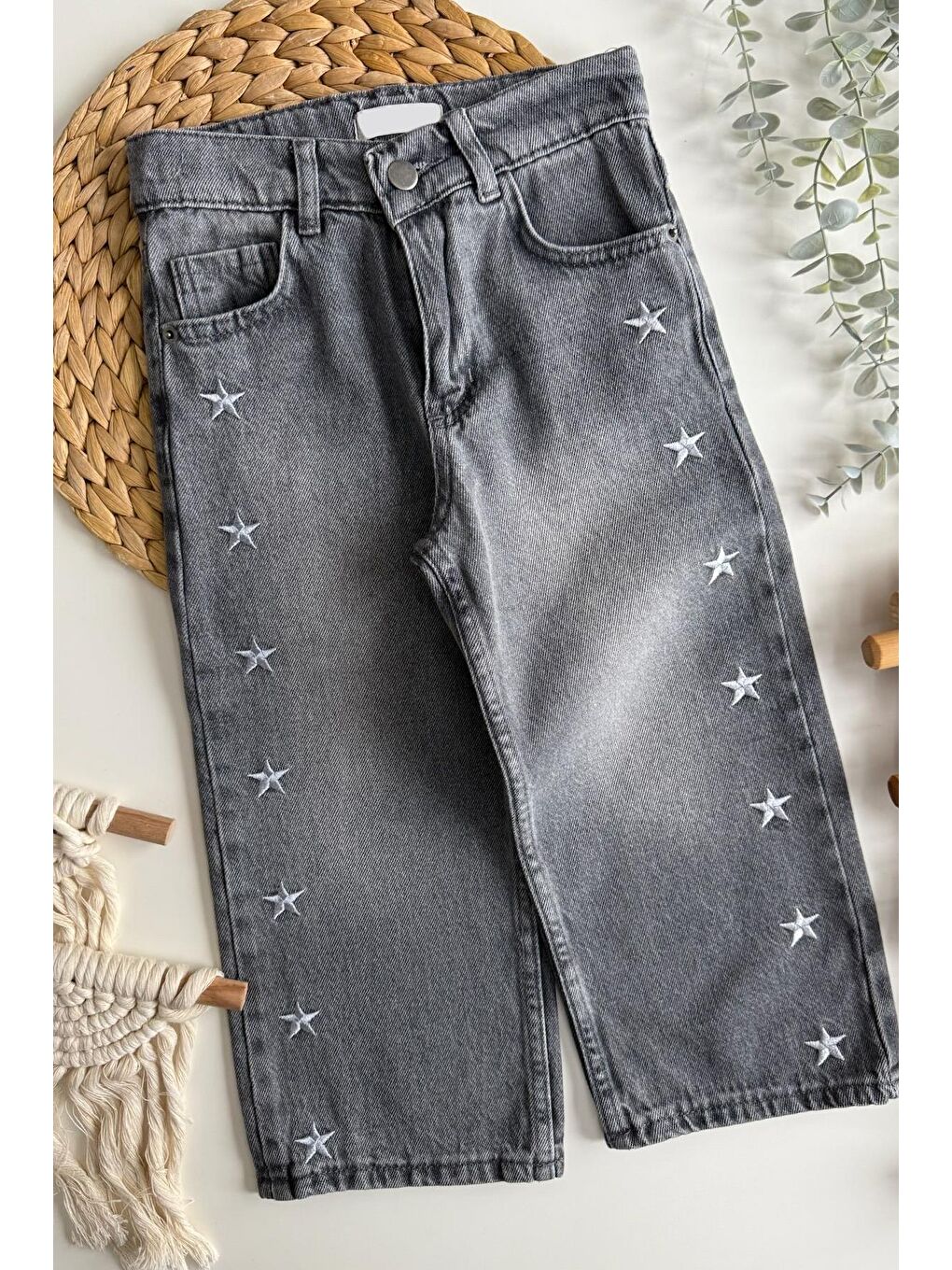 Kız Çocuk Gri Yıldız Nakışlı Jean Pantolon-1