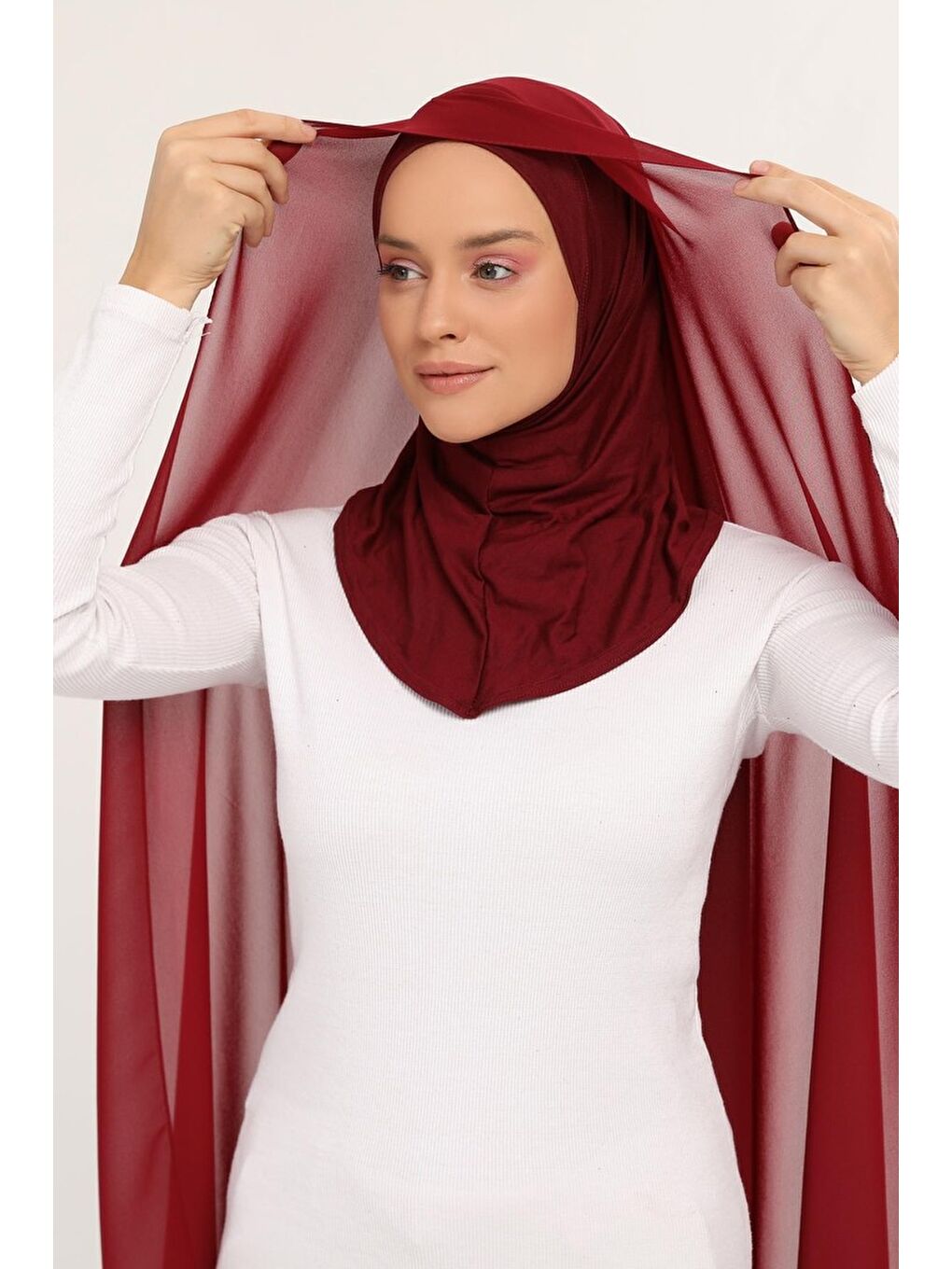 Bordo Hazır Lüks Pratik Hijablı Şifon Şal