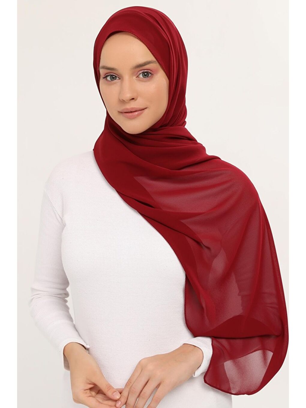 Bordo Hazır Lüks Pratik Hijablı Şifon Şal-1
