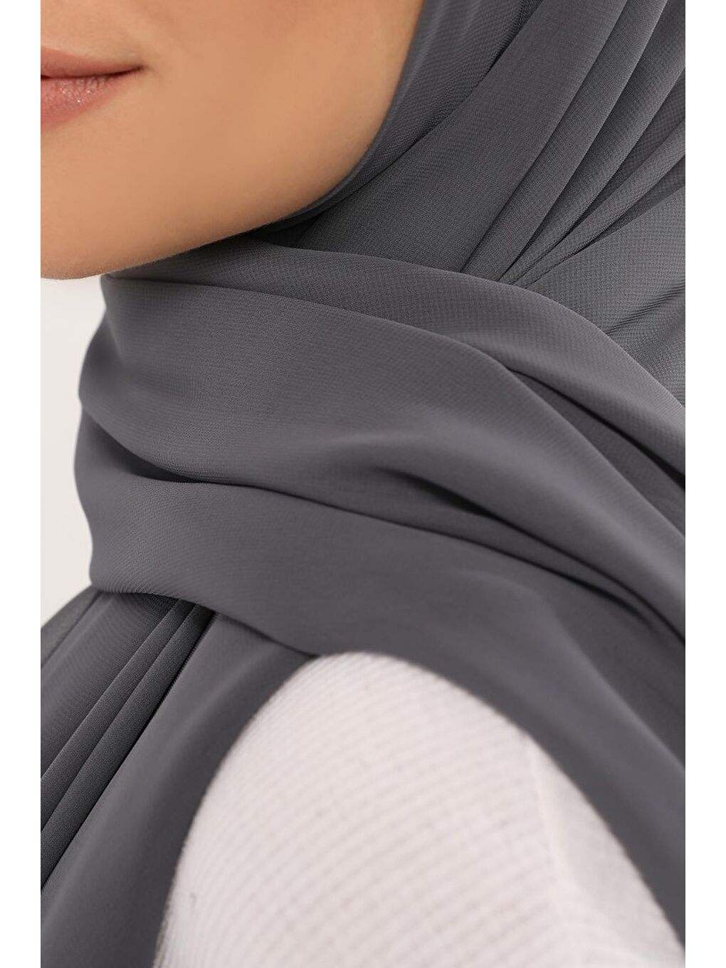 Gri Hazır Lüks Pratik Hijablı Şifon Şal-3