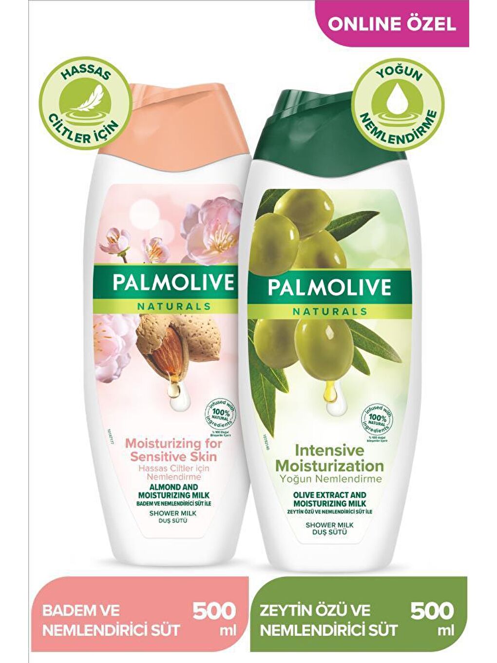 Palmolive Beyaz Naturals Hassas Ciltler İçin Badem ve Yoğun Nemlendirici Zeytin Özü Duş Jeli 500 ml x2Adet