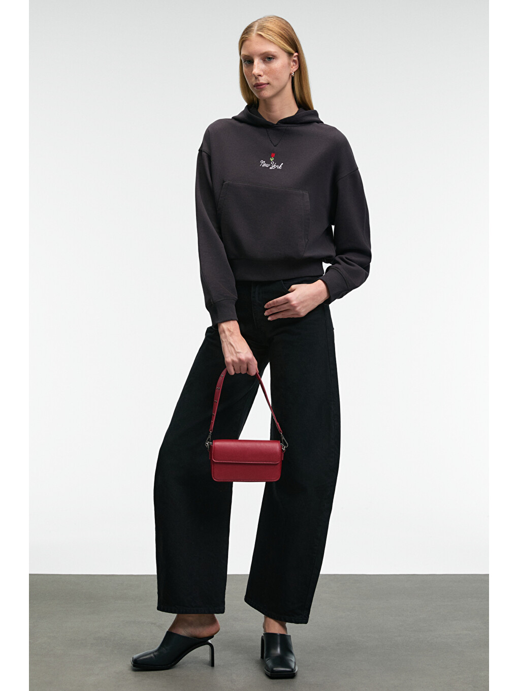 Isadora Kadın Kapüşonlu Nakış Detaylı Regular Fit Crop Antrasit Sweatshirt-4