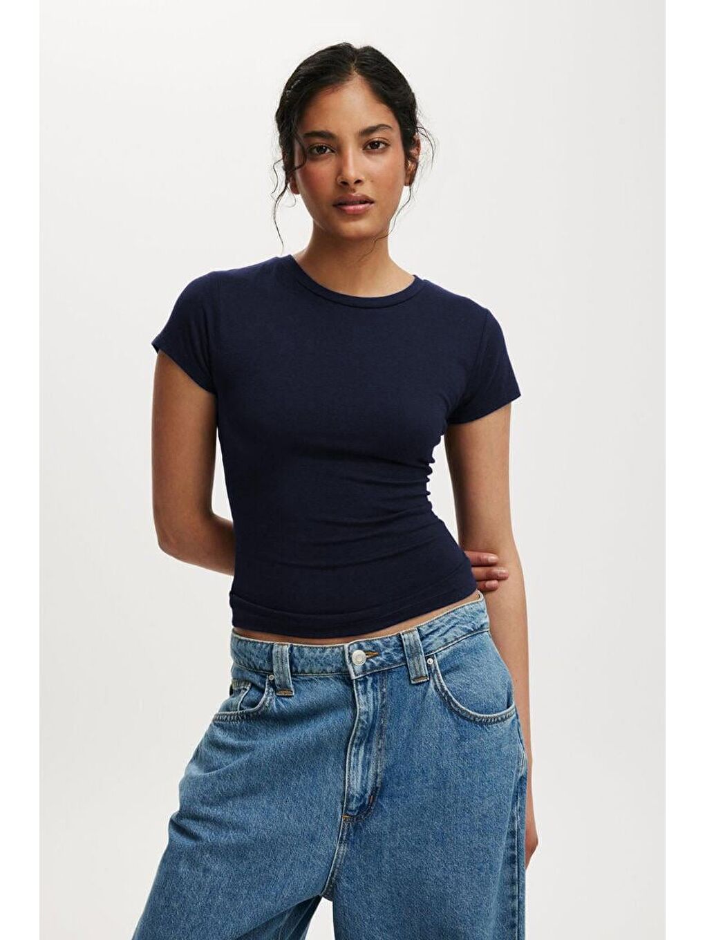 Lacivert Bisiklet Yaka Basic Kadın T-Shirt Mg2479