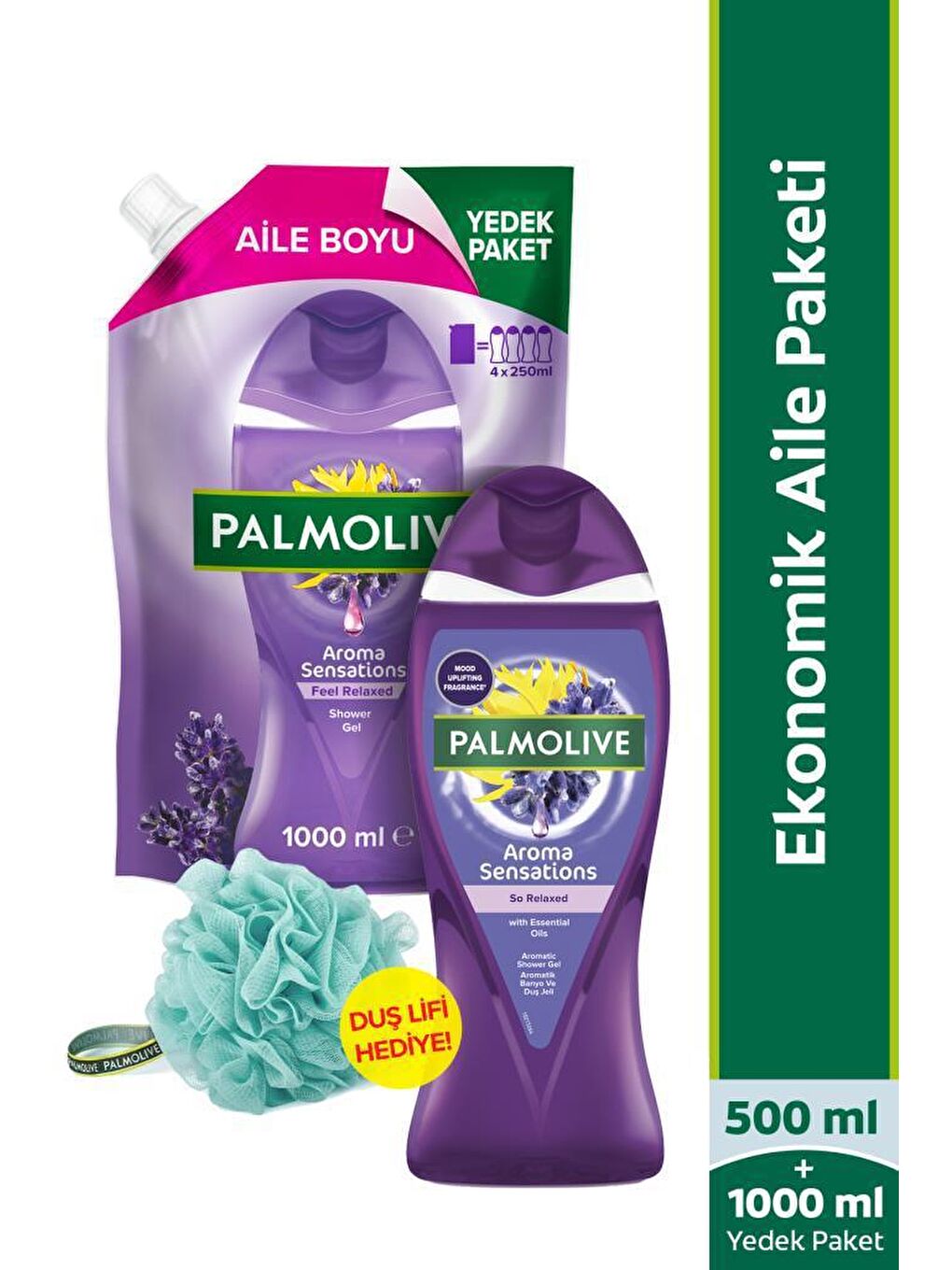 Palmolive Mor Aroma Sensations Feel Relaxed Duş Jeli 1000 ml, Duş Jeli 500 ml + Duş Lifi