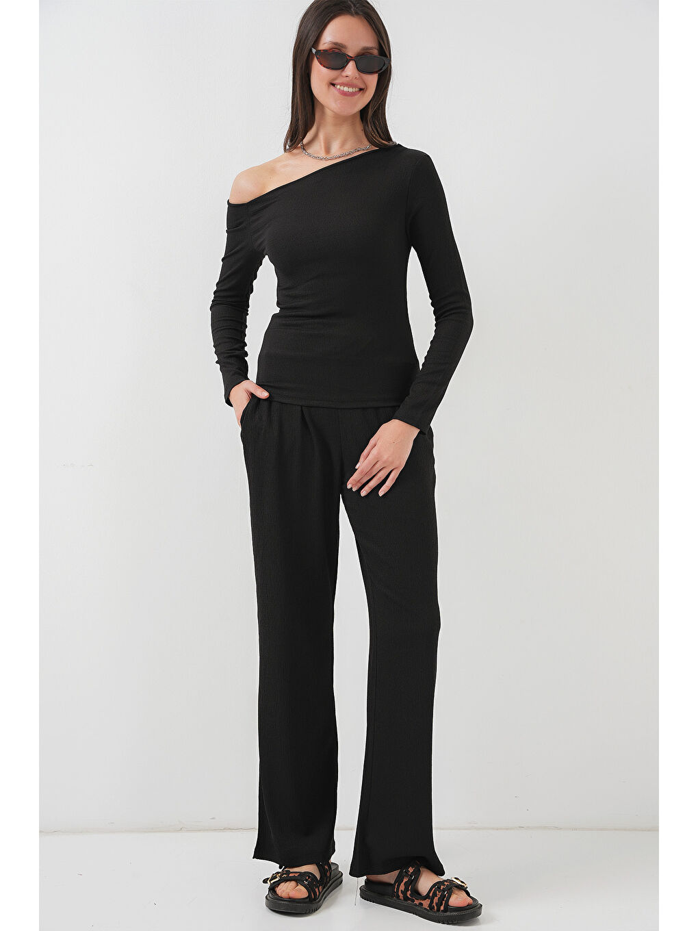 6708 Düşük Omuz Alt Üst Takım - Siyah-2