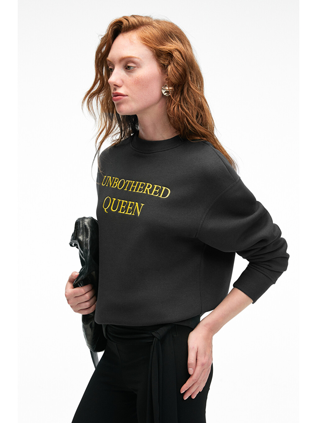 Isolune Kadın Yaka Nakış Detaylı Oversize Bisiklet Yaka Antrasit Sweatshirt-3
