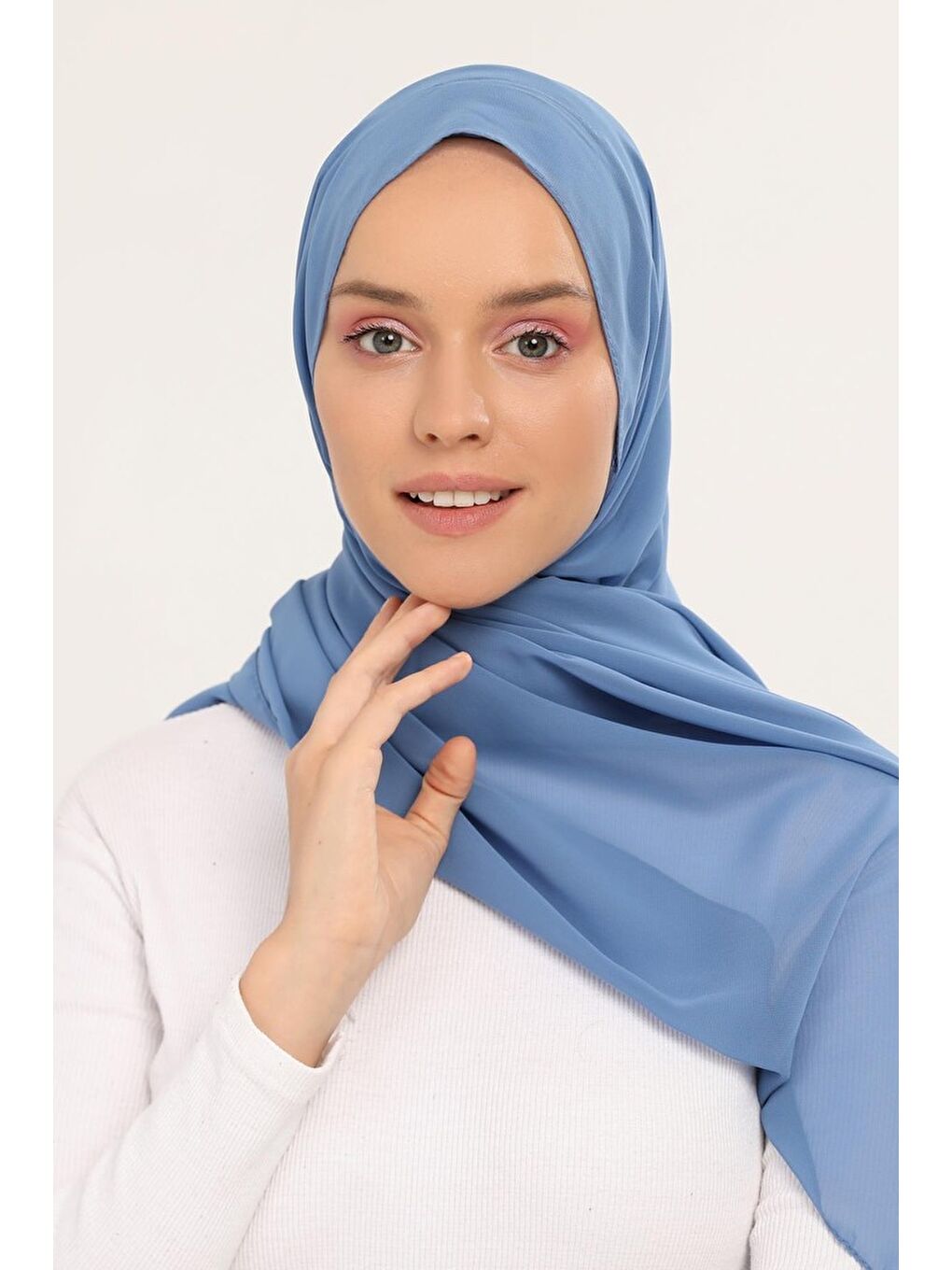 Mavi Hazır Lüks Pratik Hijablı Şifon Şal-3